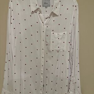Rails white button down long sleeved blouse with small red hearts. Size Large.